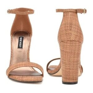 Nine West Mana Tan Woven Block Heel Ankle Strap Sandals Square Toe Womens Size 8